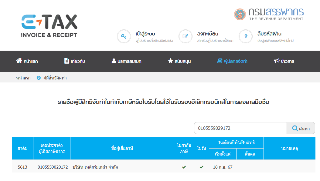 รายชื่อผู้มีสิทธิจัดทำใบกำกับภาษีในรูปแบบอิเล็กทรอนิกส์ (E-Tax Invoice) เหล็กร่มเกล้า 